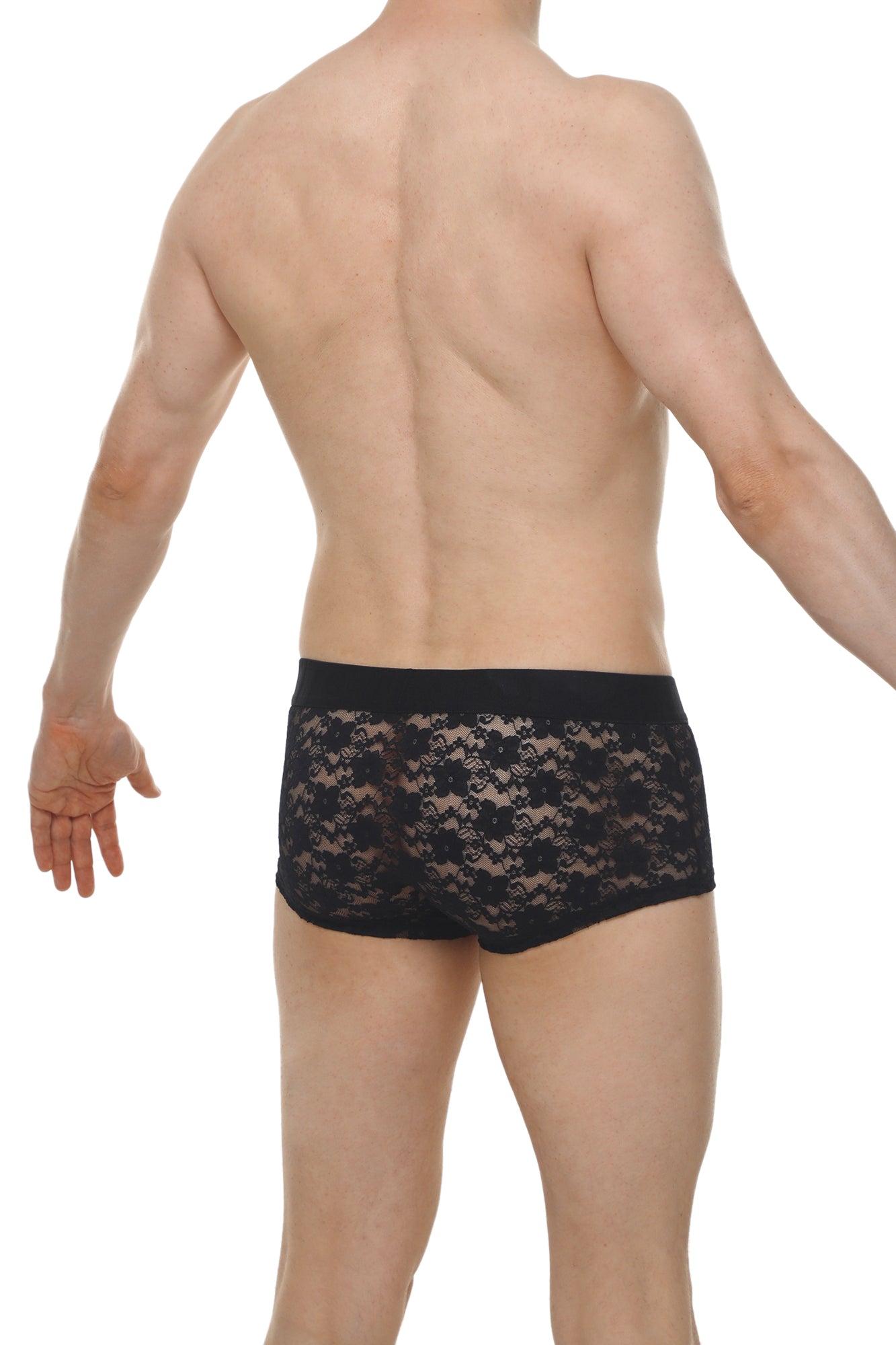 Black lace boxer briefs with delicate floral pattern and solid black waistband in montils lace black style
