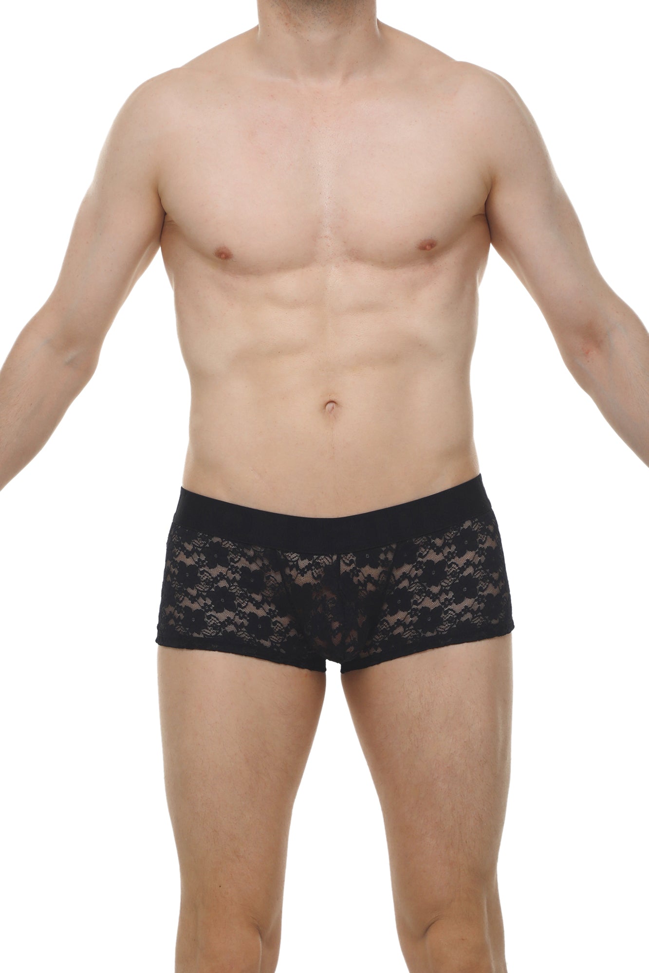 Black lace boxer briefs with a solid black waistband from boxer montils lace black collection