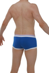 Blue men’s boxer briefs linay with white trim and thin red waistband stripe for comfortable everyday wear