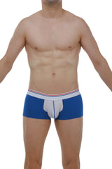 Blue men’s briefs boxer mano blanc-bleu with white front panel and red and white striped waistband