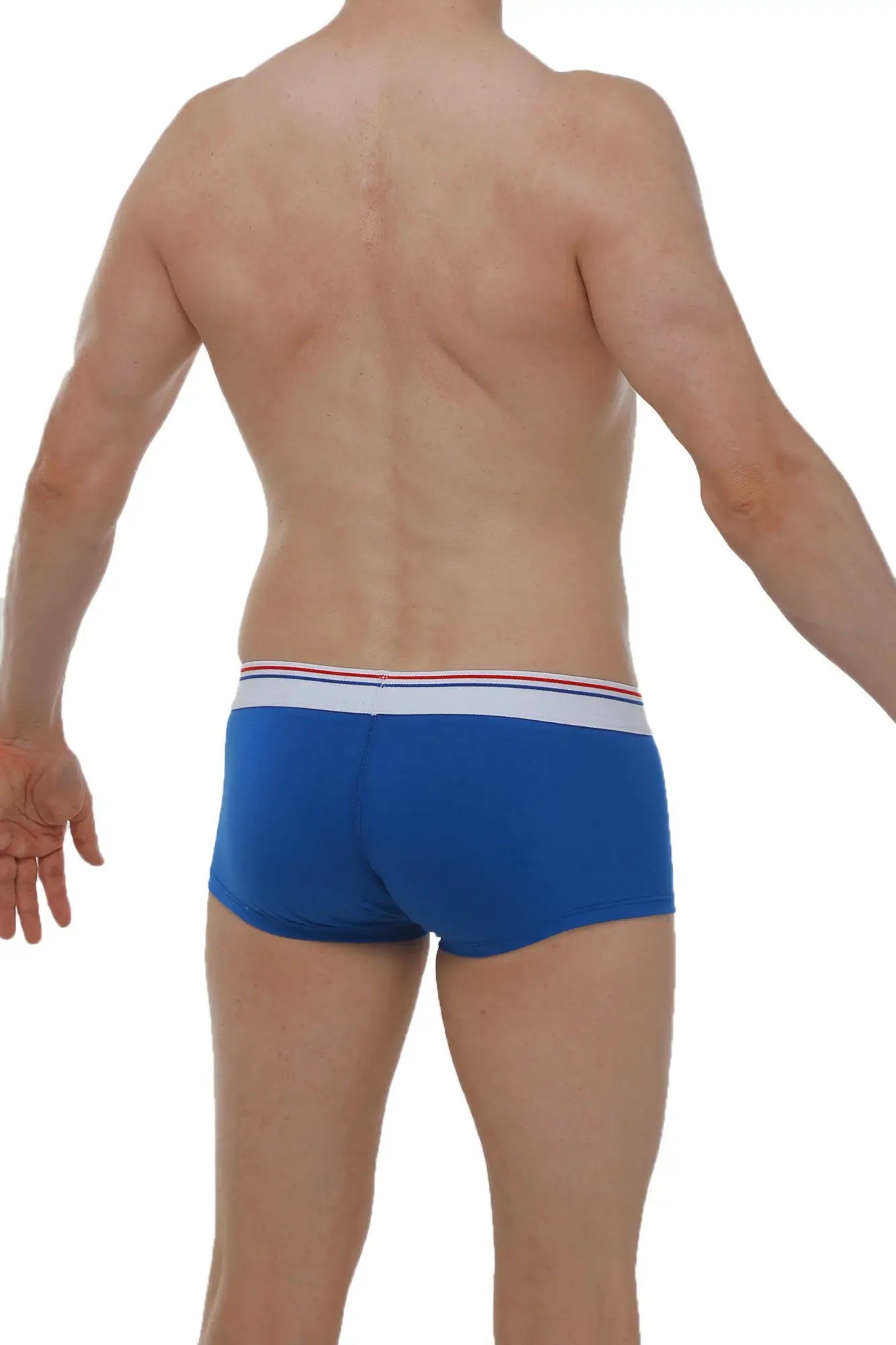 Blue men’s boxer briefs with a white waistband accented by thin red and blue stripes in boxer mano blanc-bleu