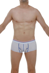 Light gray men’s boxer mano modal briefs with blue stitching and red white and blue striped waistband front view
