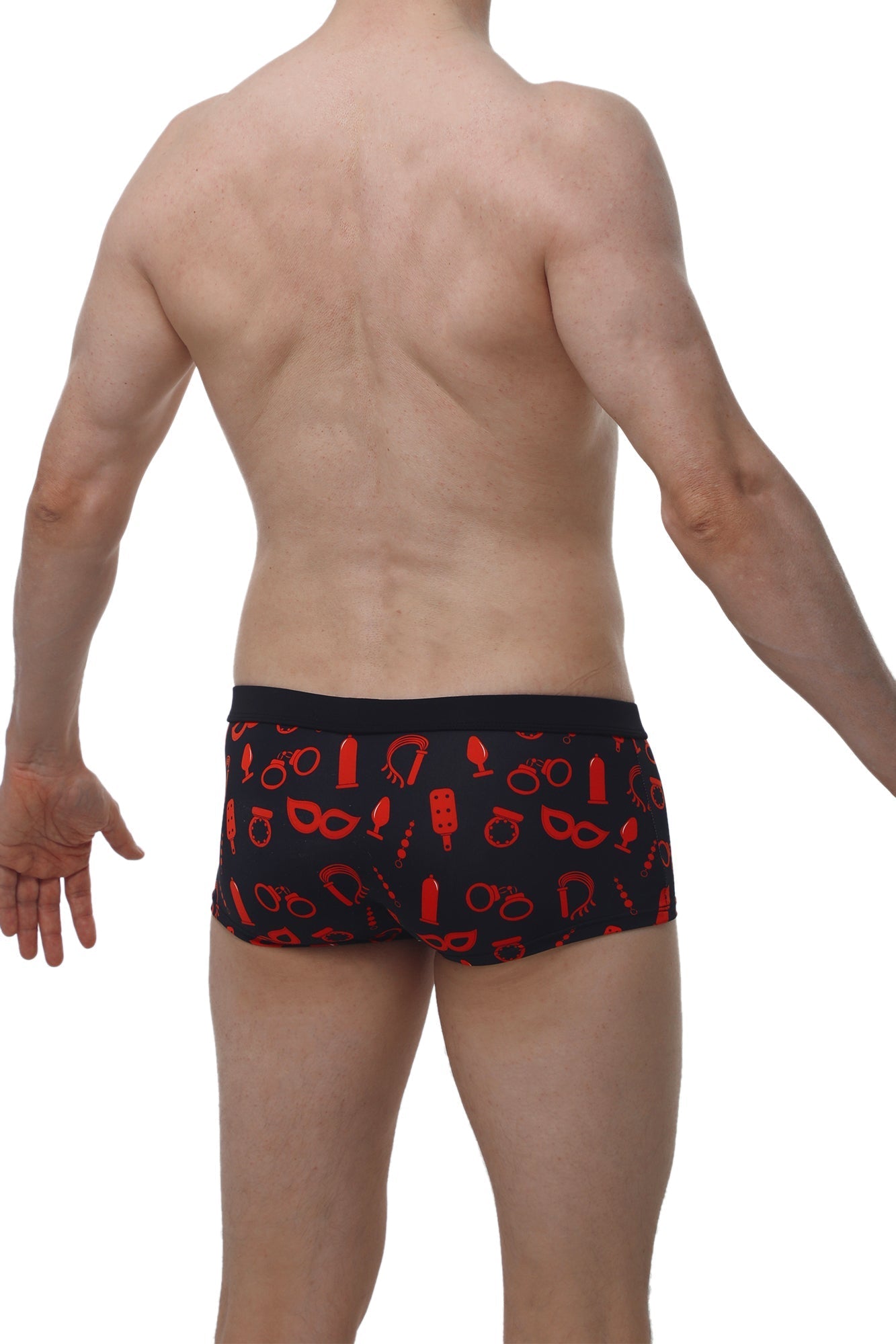 Black PetitQ boxer Meljac Boudoir briefs with bold red erotic symbol pattern on soft fabric front view