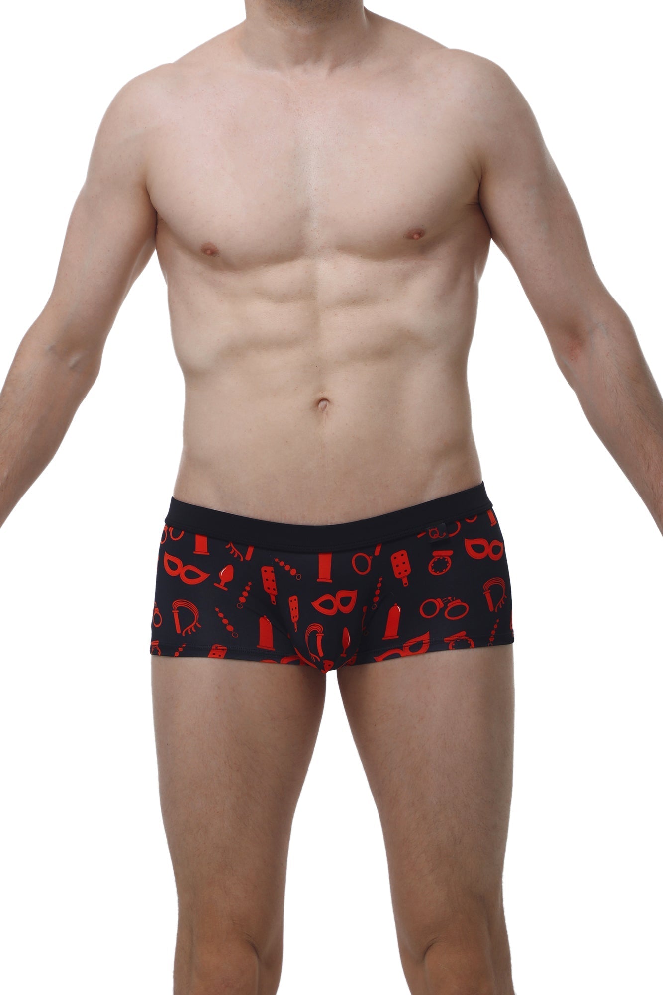Black men’s briefs petitq boxer meljac boudoir with bold red party accessory pattern on black fabric