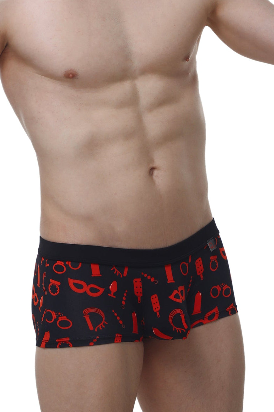 Black briefs petitq boxer meljac boudoir with bold red erotic symbol pattern on soft fabric front view