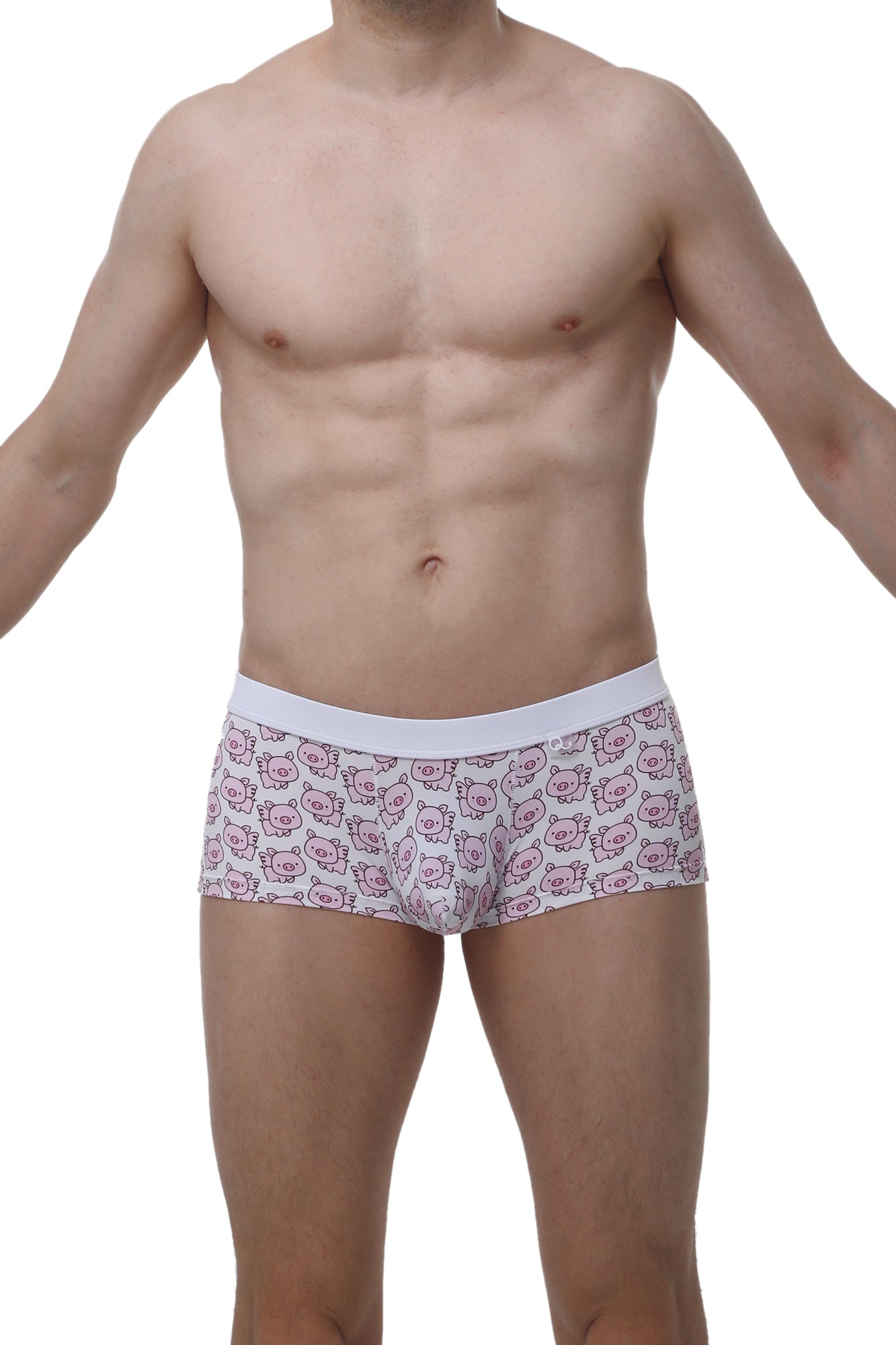 White briefs by petitq boxer meljac piggy love featuring a repeating pattern of pink cartoon pig faces