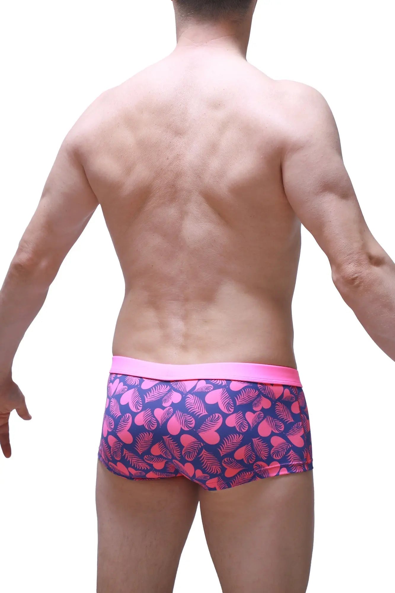Boxer Meljac Tropical Hearts patterned boxer briefs in pink and navy blue with bright pink waistband for comfortable wear