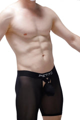 Black mesh boxer miniac briefs with branded waistband and attached pouch for breathable lightweight comfort