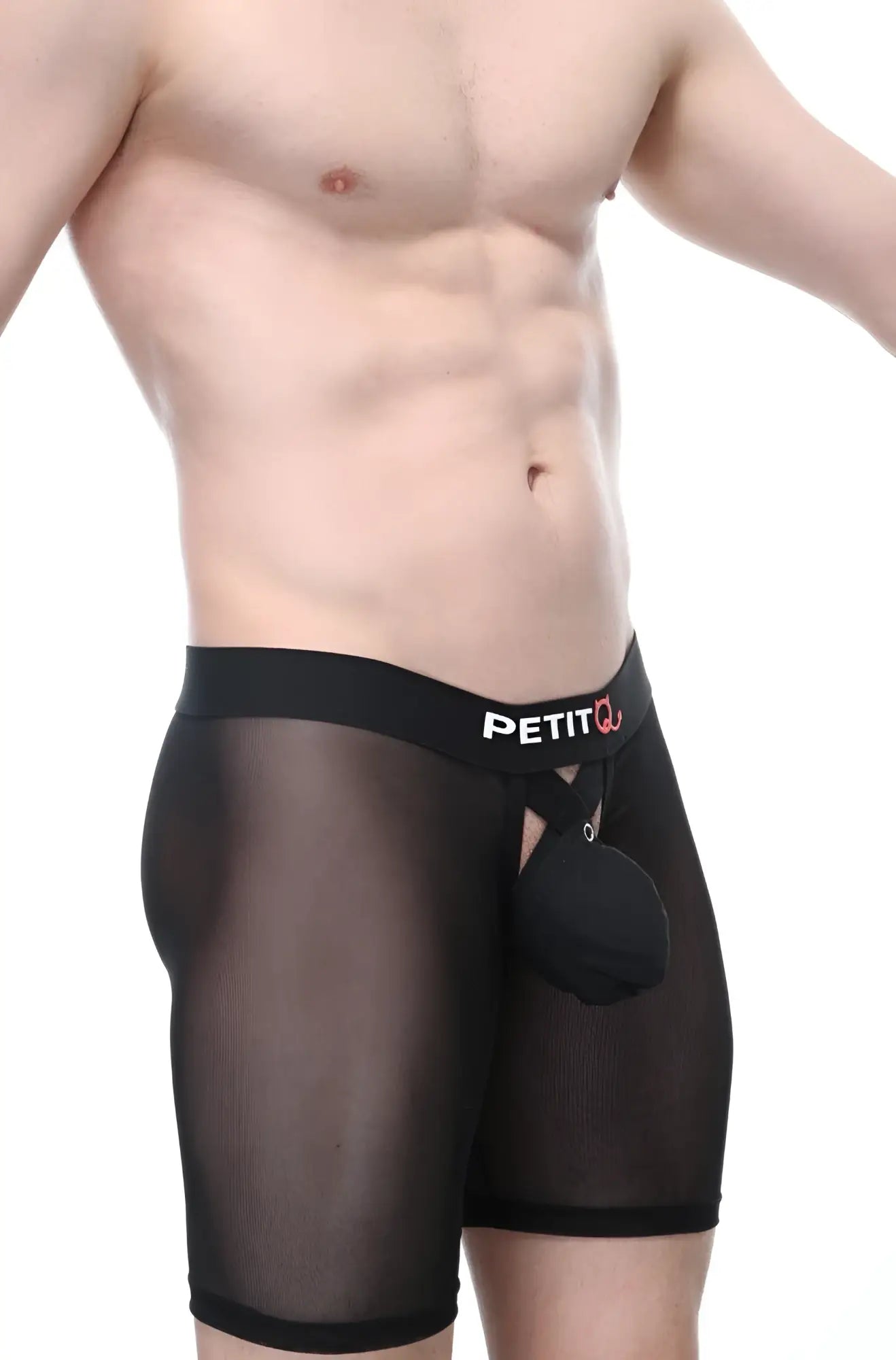 Boxer miniac black sheer mesh briefs with black elastic petitq logo waistband and black front pouch