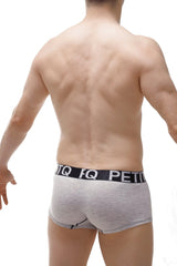 Boxer modal gray briefs with black elastic waistband featuring white lettering and gray heathered fabric