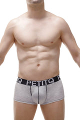 Gray boxer modal briefs with pad featuring a black elastic waistband with white lettering