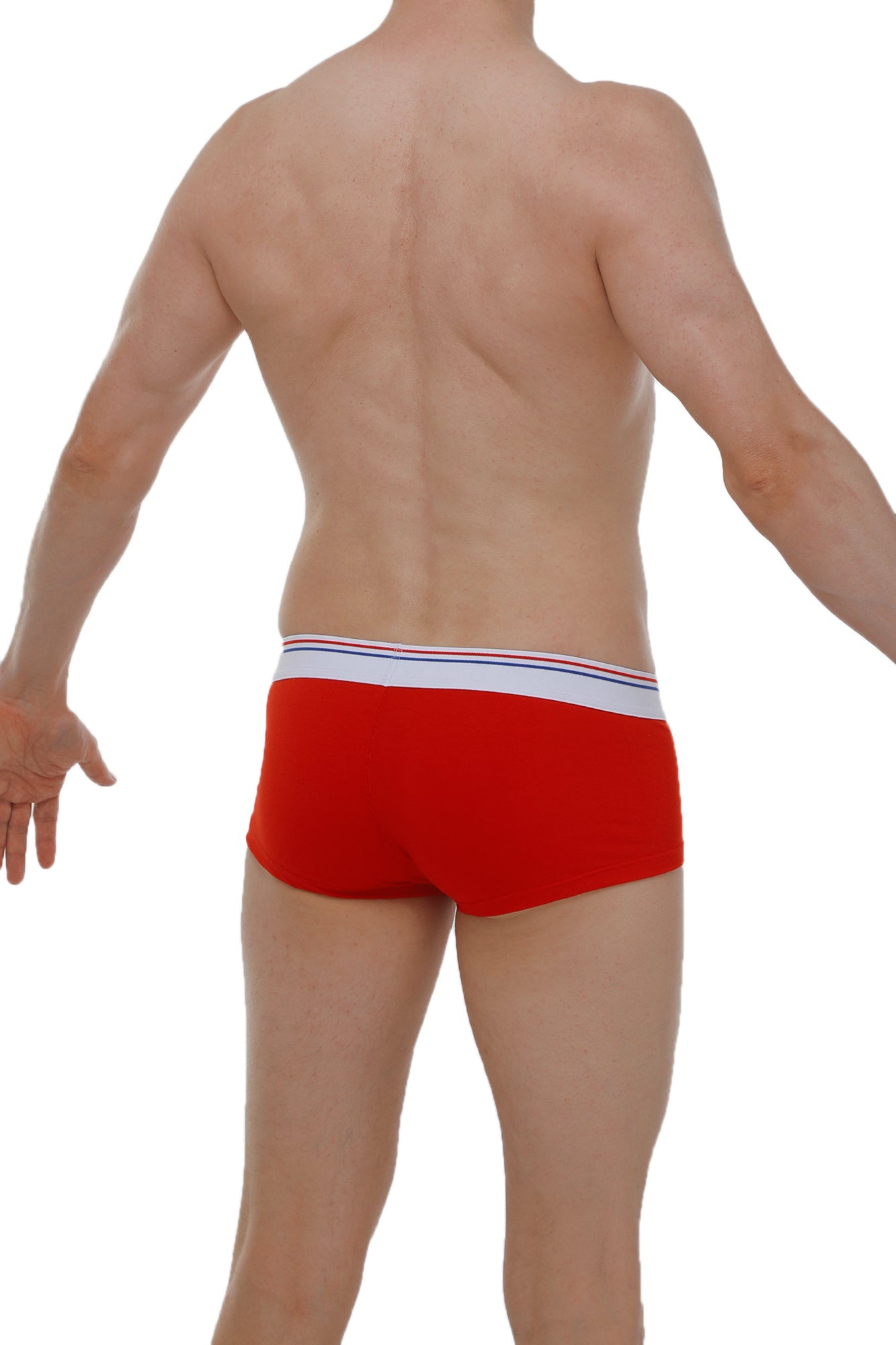 Red petitq boxer brief made from taik modal with white waistband featuring thin blue and red stripes