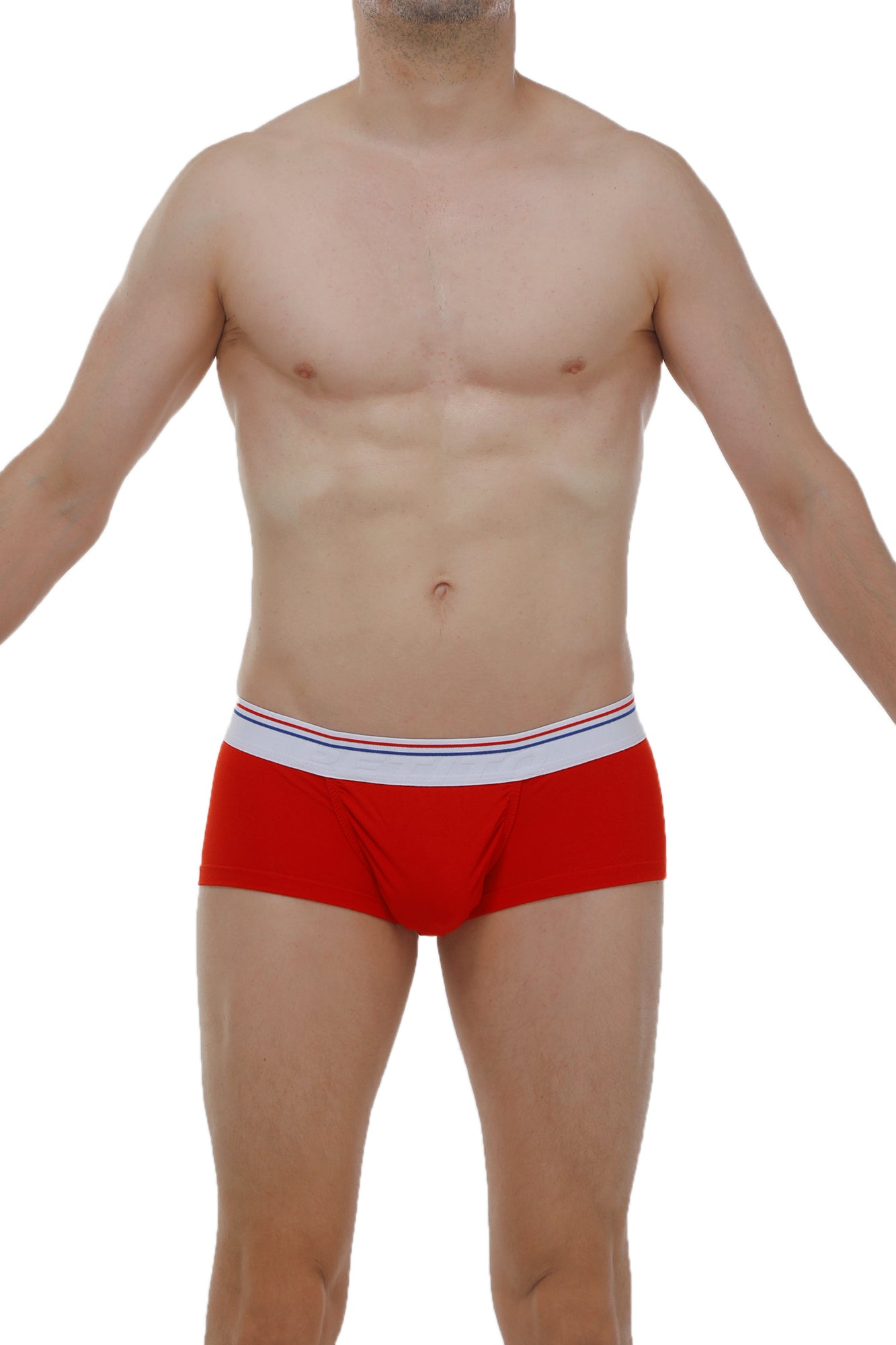 PetitQ boxer brief taik modal red mens briefs in red with white waistband and thin blue and red stripes
