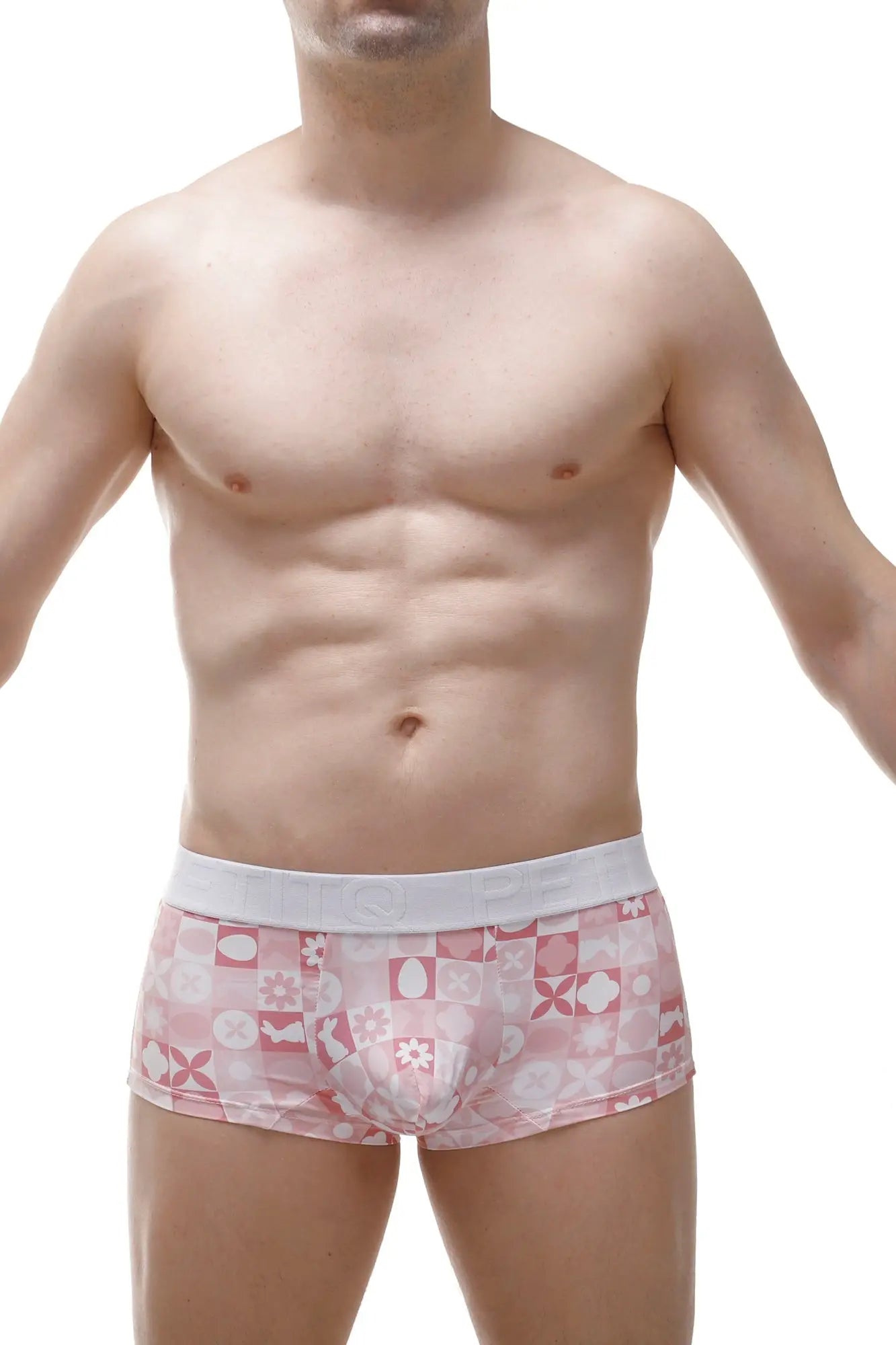 Men’s pink patterned boxer molac pink bunny briefs with white elastic waistband designed for comfortable wear