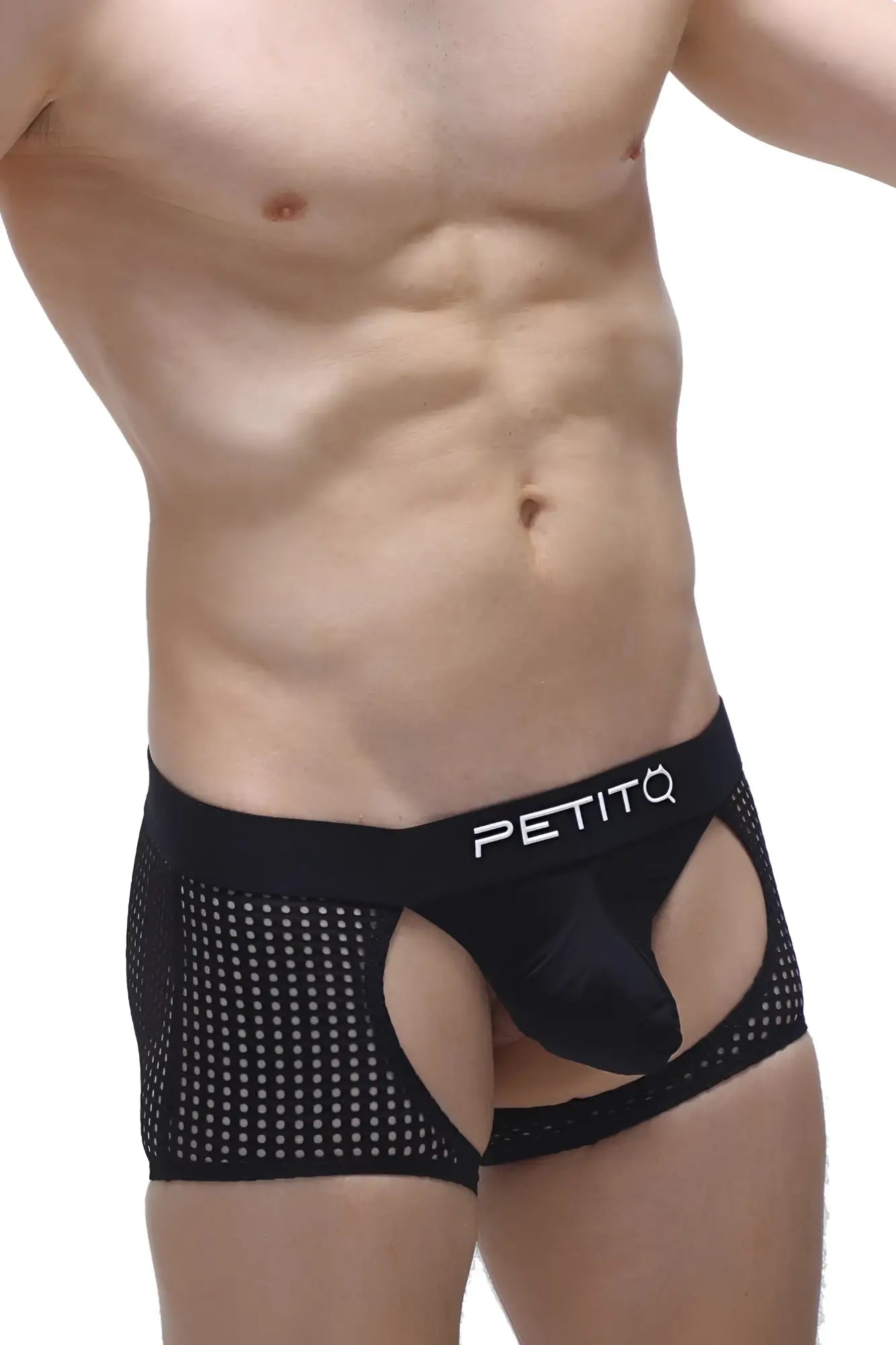 Black mesh boxer moras durtol briefs with solid black pouch and petitq logo on the waistband