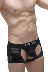 Black mesh boxer moras durtol briefs with solid black pouch and petitq logo on the waistband