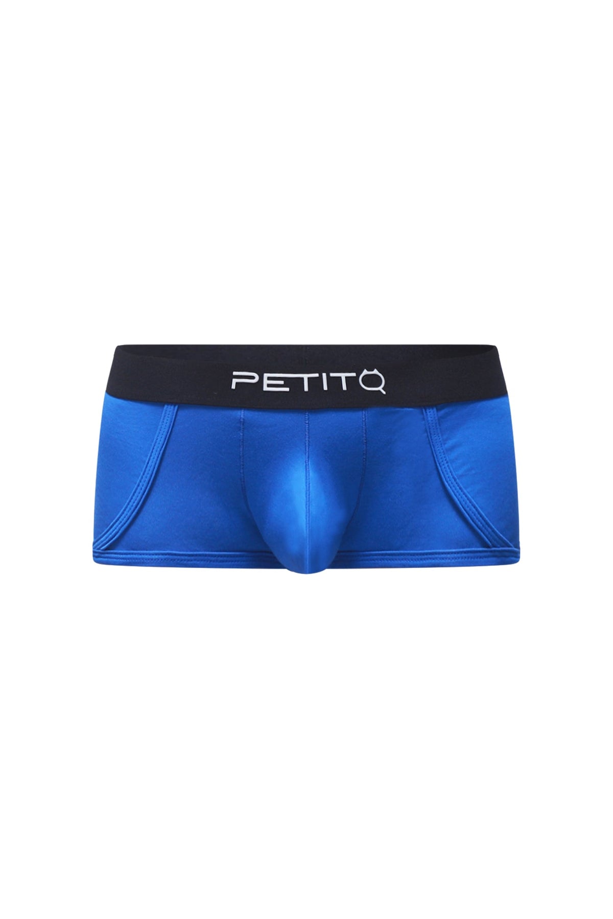 PetitQ trunk Morrier blue men’s briefs in blue with a black waistband featuring the PetitQ logo