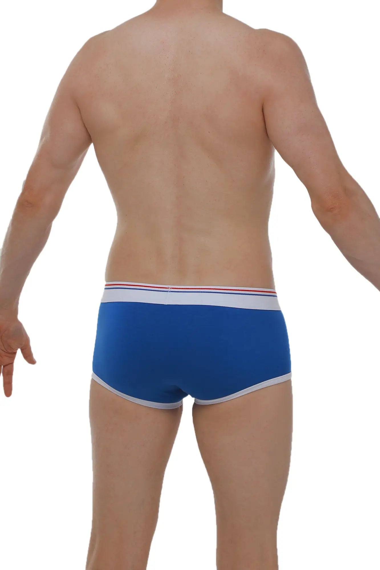 Blue men’s boxer morrier briefs with white and red striped trim designed for comfortable everyday wear