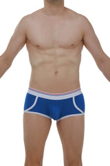 Blue men’s briefs boxer morrier blue with white trim and a thin red stripe on the waistband front view