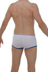 Boxer Morrier white briefs with blue trim and red white and blue striped waistband for comfortable daily wear