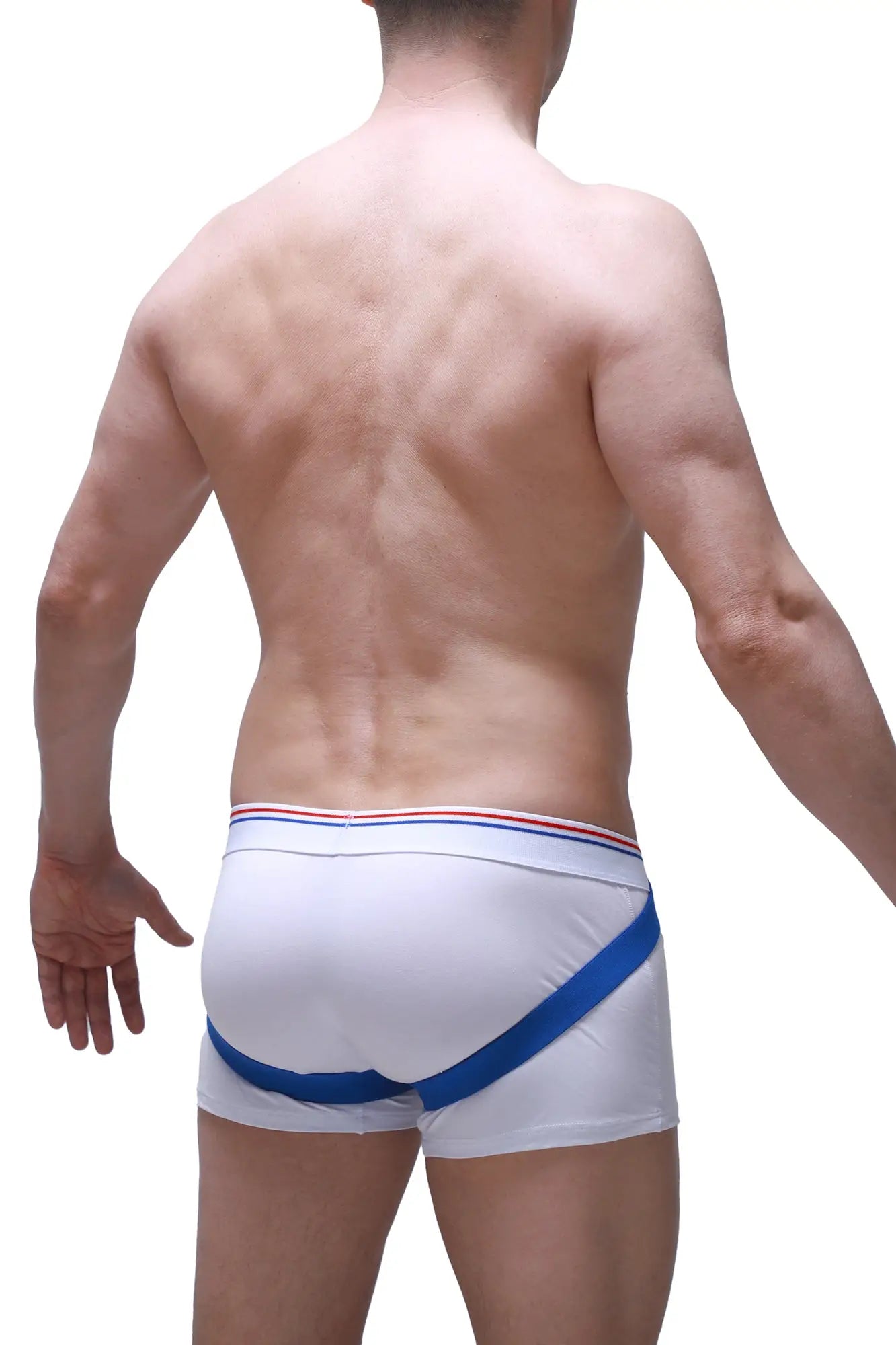 White athletic boxer briefs mura featuring a bold blue diagonal stripe and red white and blue waistband trim