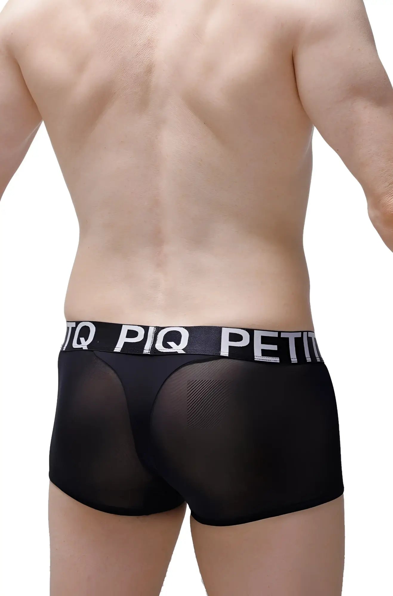 Black mesh boxer briefs featuring a white piq petit waistband for breathable comfortable wear