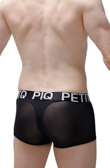 Black mesh boxer briefs featuring a white piq petit waistband for breathable comfortable wear