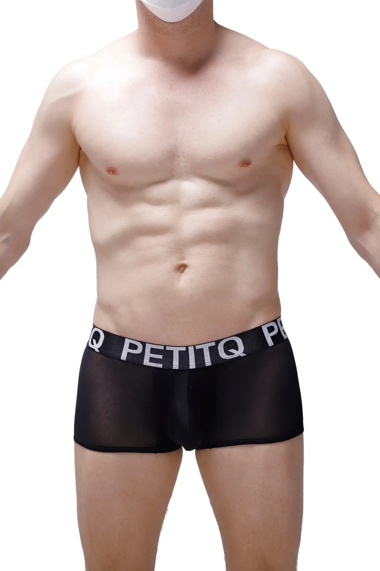 Black sheer men’s boxer briefs with a white petitq waistband from boxer noth black collection