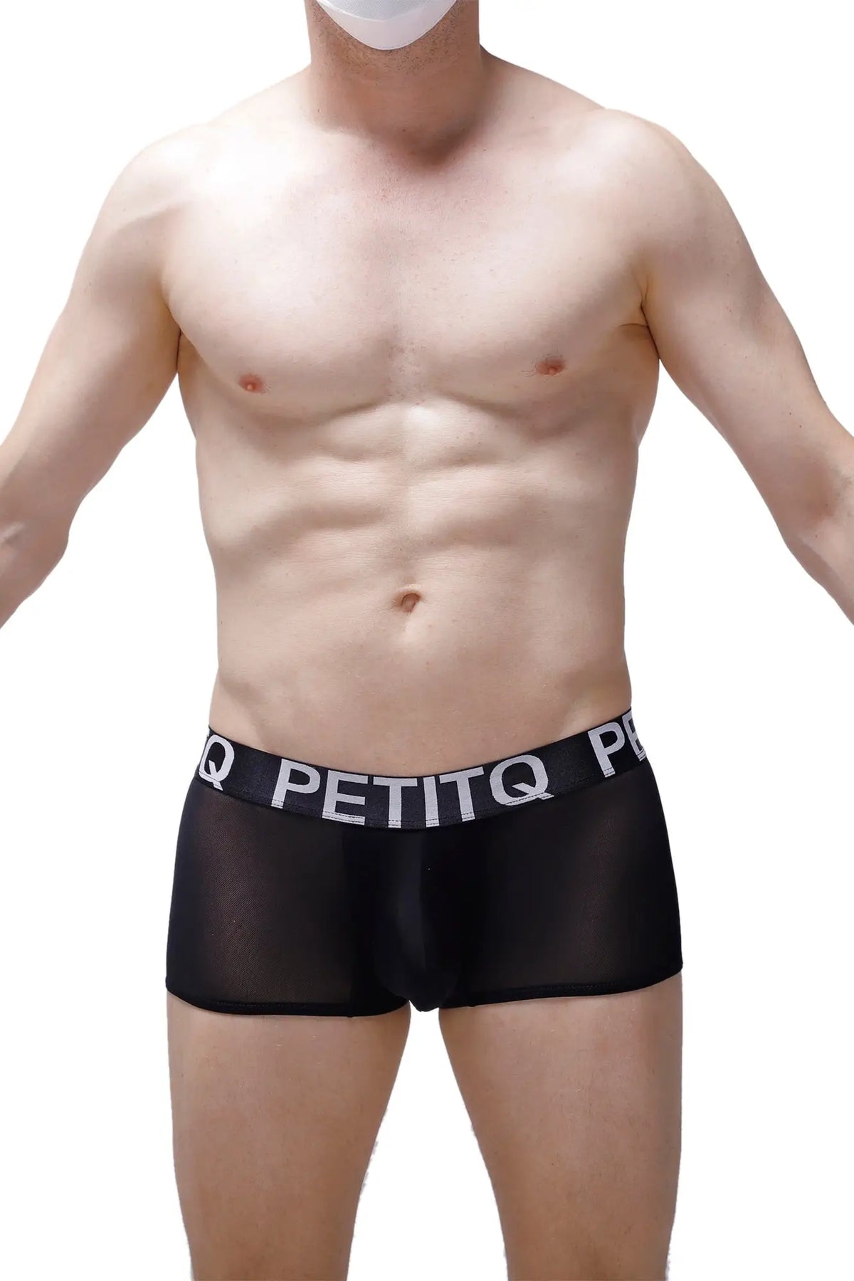 Black sheer men’s boxer briefs with a white petitq waistband from boxer noth black collection