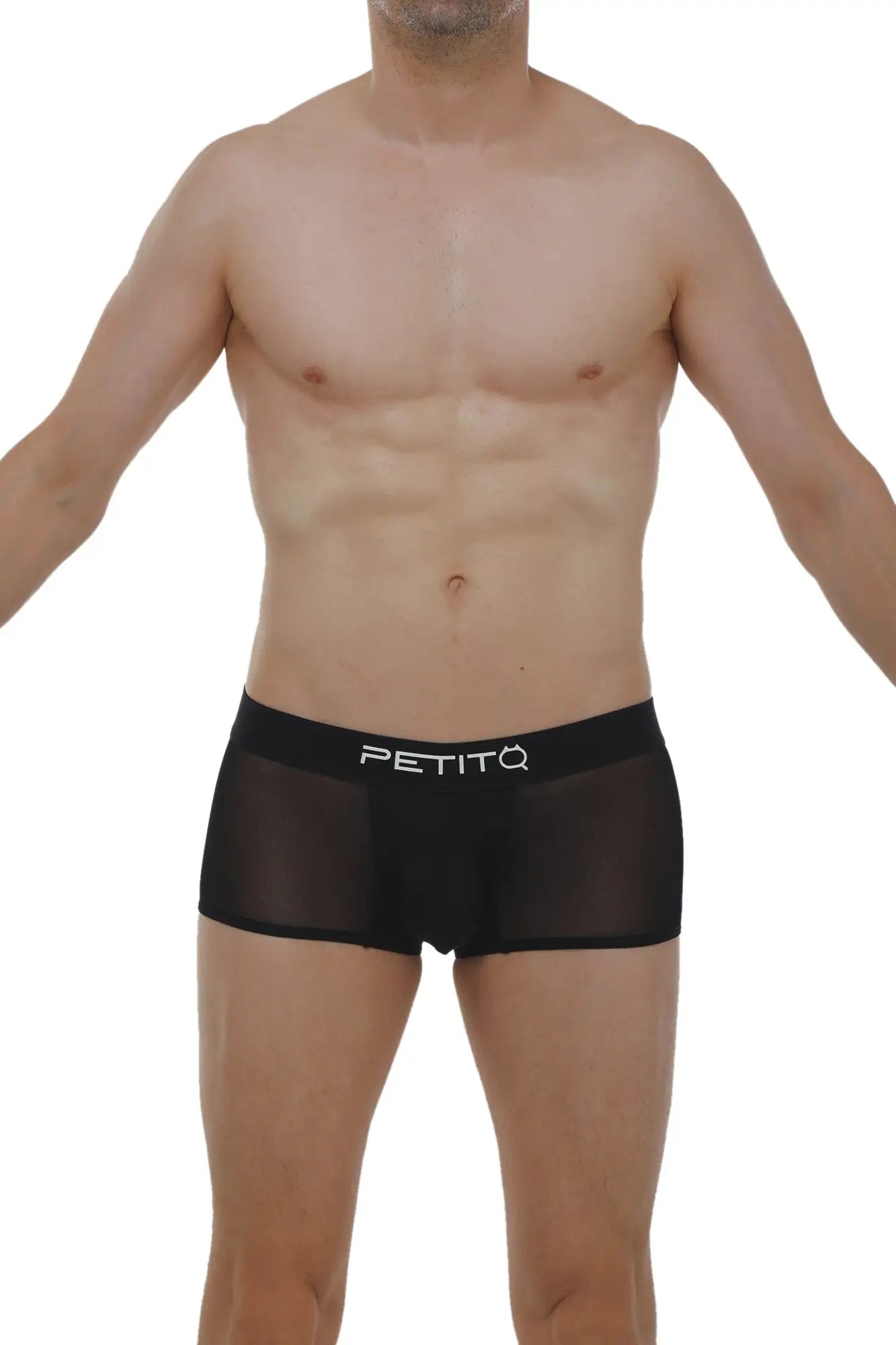 Black sheer mesh boxer briefs with white petitq logo on waistband in noth black color