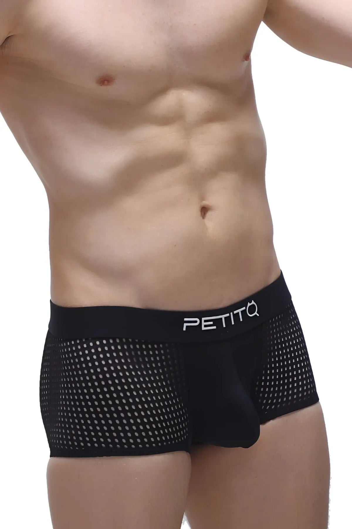 Black mesh boxer noth durtol briefs featuring a white petitq logo on the waistband in a sleek black design