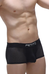 Black mesh boxer noth durtol briefs featuring a white petitq logo on the waistband in a sleek black design