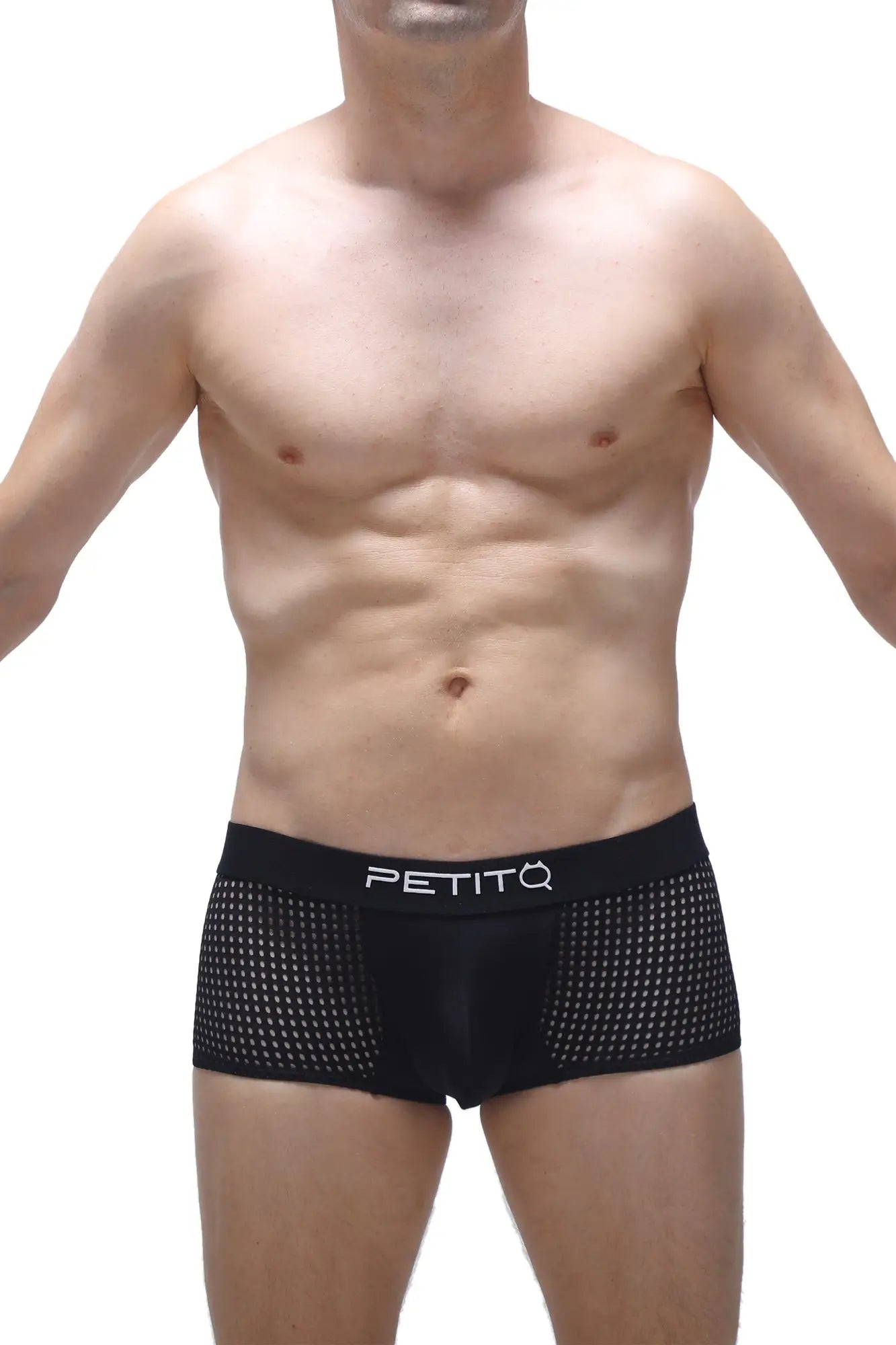 Black mesh boxer north durtol briefs with white petitq logo on waistband breathable lightweight underwear