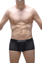 Black mesh boxer north durtol briefs with white petitq logo on waistband breathable lightweight underwear
