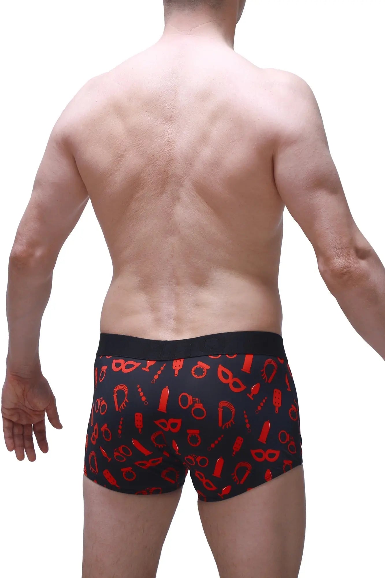 Black briefs boxer olloix boudoir with bold red erotic symbol pattern suitable for intimate wear