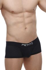 Black mesh petitq boxer oncieux bee briefs with white logo waistband designed for comfortable everyday wear