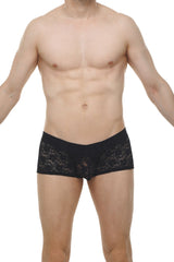 Boxer Algun Lace Black black lace-trimmed men’s briefs with sheer patterned design showing the front side