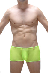 Bright neon green mesh briefs with subtle logo on waistband in boxer open net neon yellow style