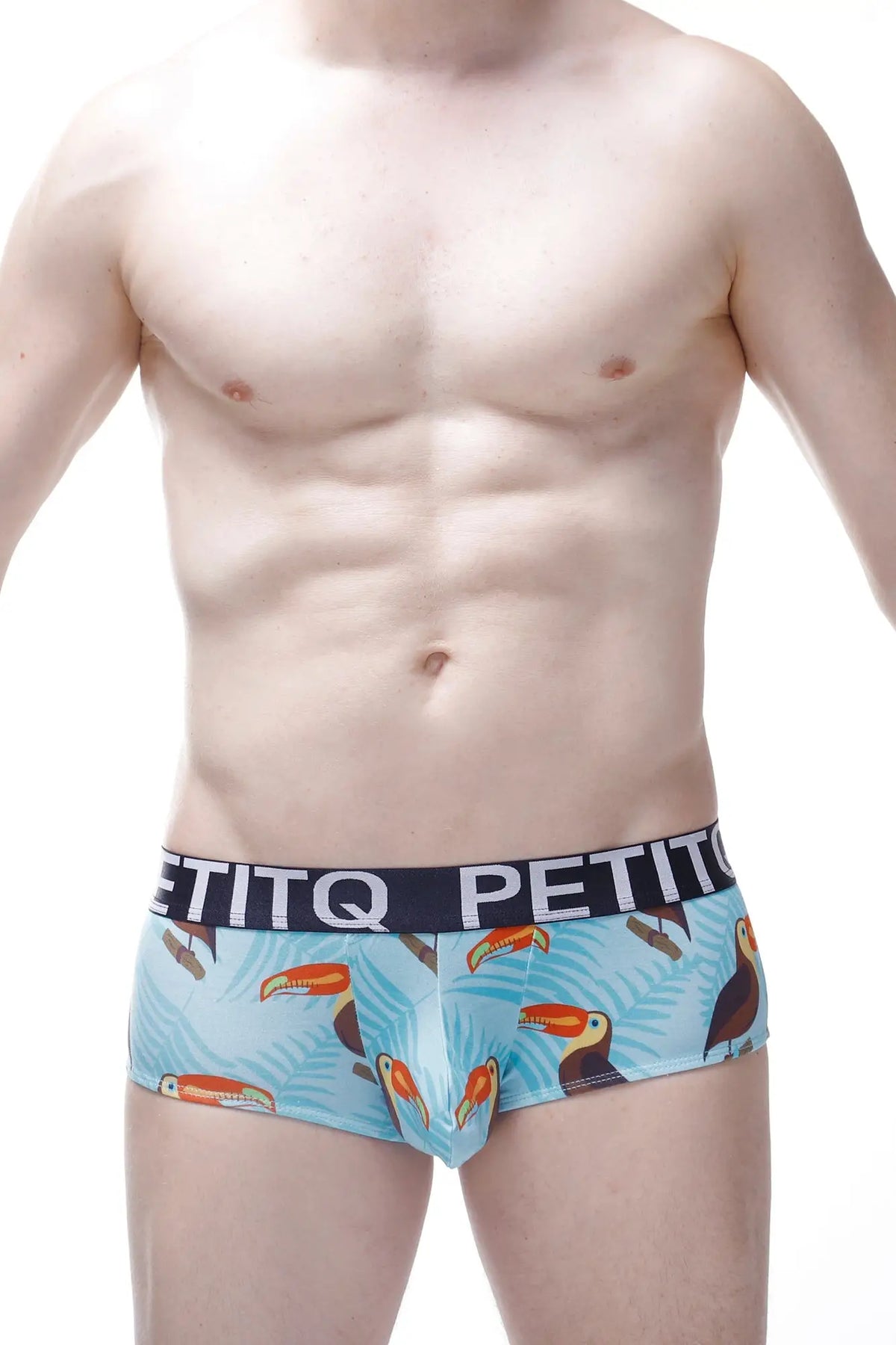 Light blue men’s briefs boxer open toucan with vibrant toucan and tropical leaf print and black petitq waistband