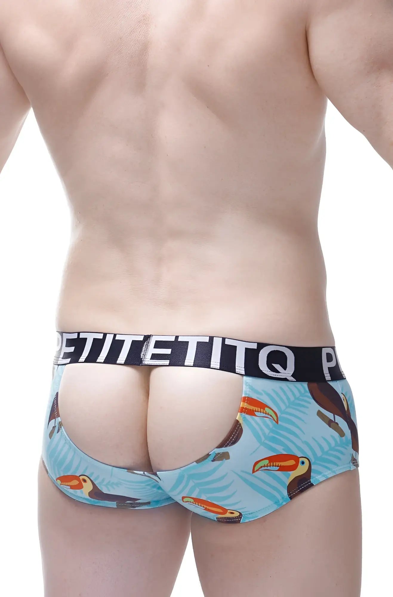 Light blue boxer open toucan briefs with toucan and palm leaf pattern and black elastic waistband with white lettering