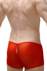 Back view of bright red boxer ougreen net red form-fitting boxer briefs with central slit designed for comfort