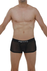 Black sheer mesh boxer briefs with a solid black waistband featuring the petitq logo in white lettering