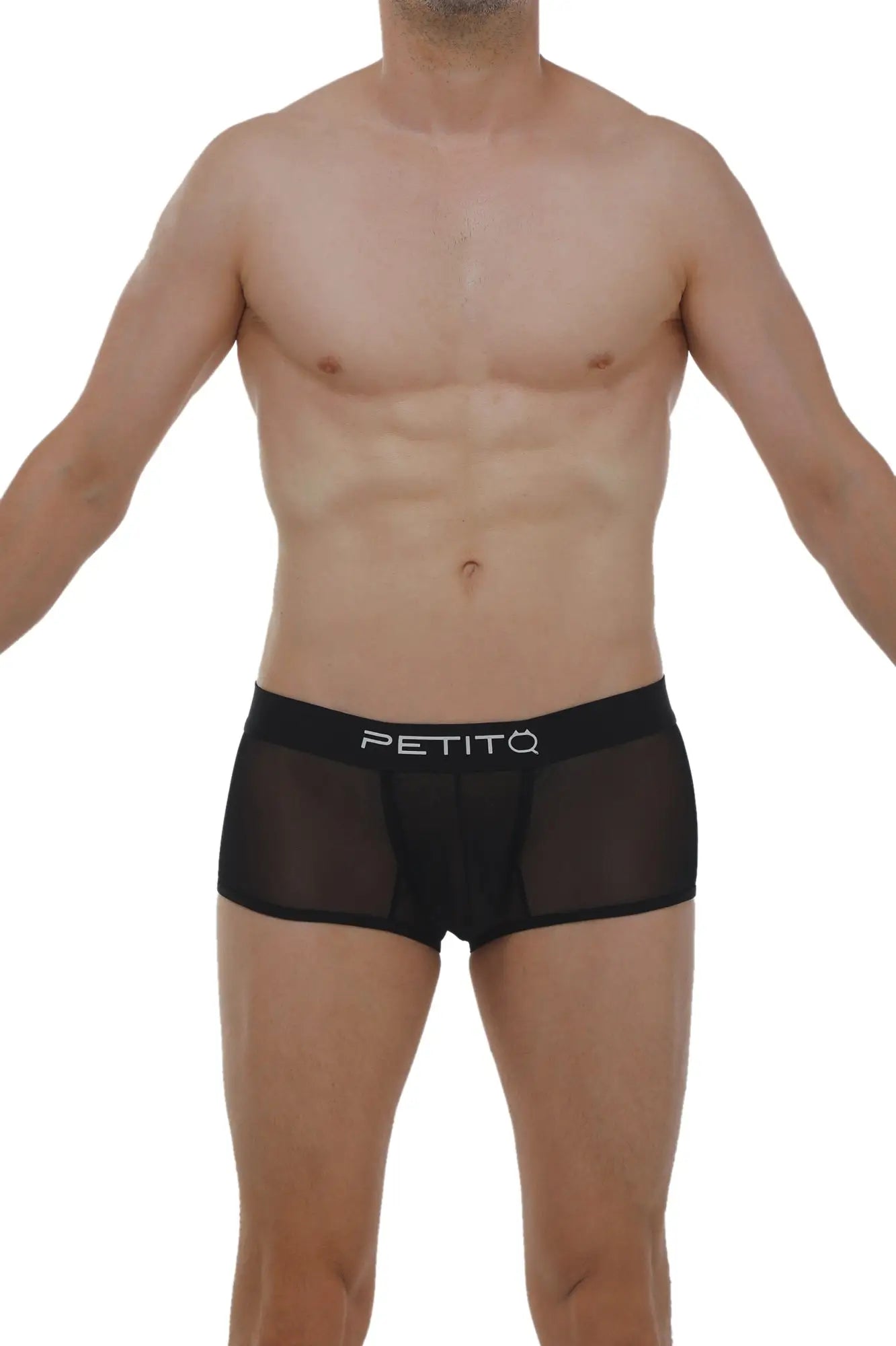 Black sheer mesh boxer briefs with white petitq logo on waistband in net black color