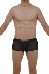 Black sheer mesh boxer briefs with white petitq logo on waistband in net black color