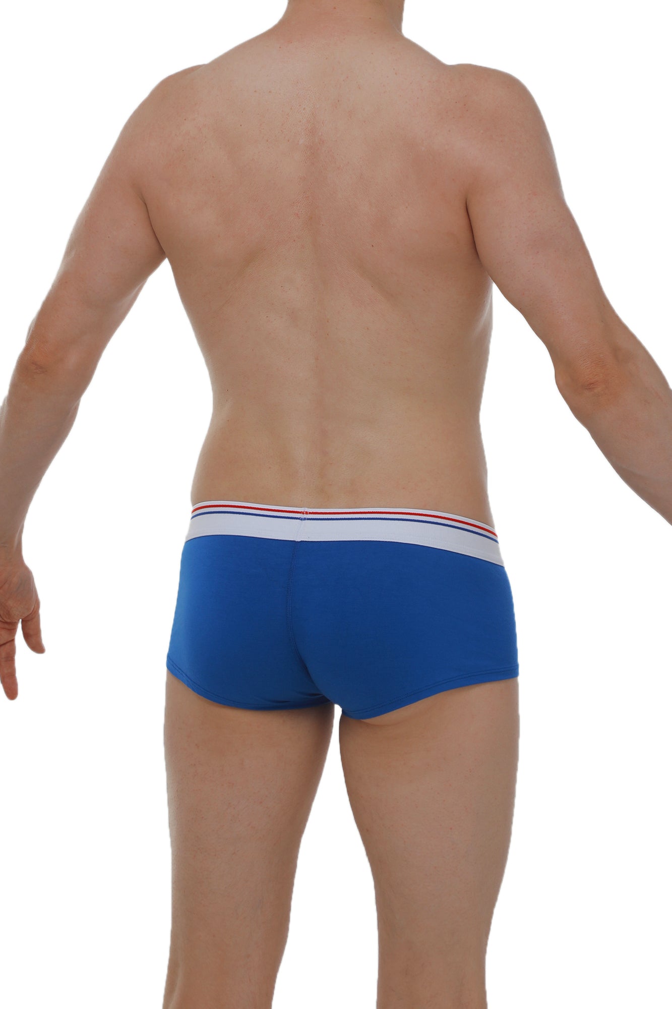 Petitq boxer taik modal blue men’s briefs in blue with a white waistband accented by thin red and blue stripes