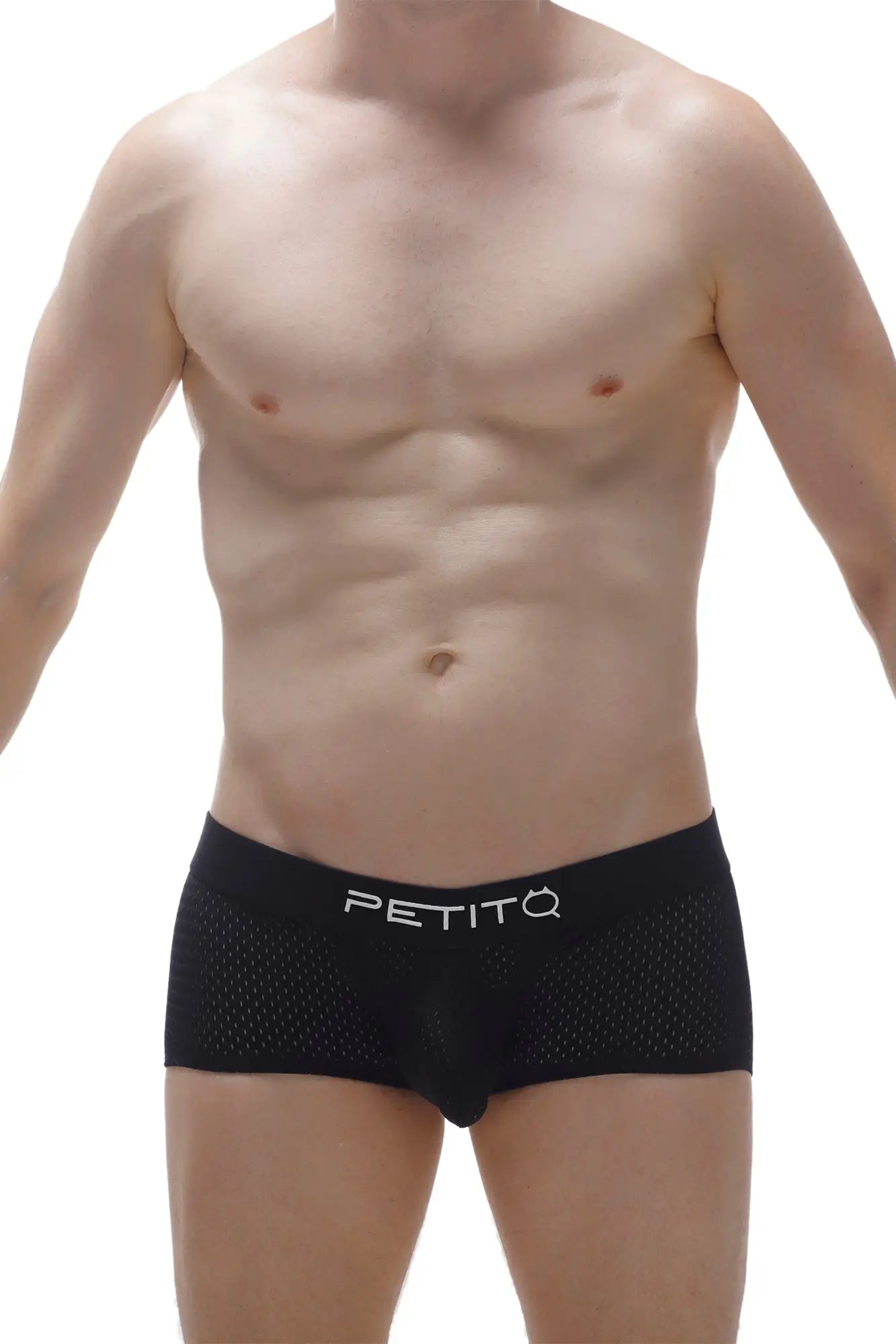 Black mesh boxer porta briefs with white petitq logo on waistband breathable lightweight underwear