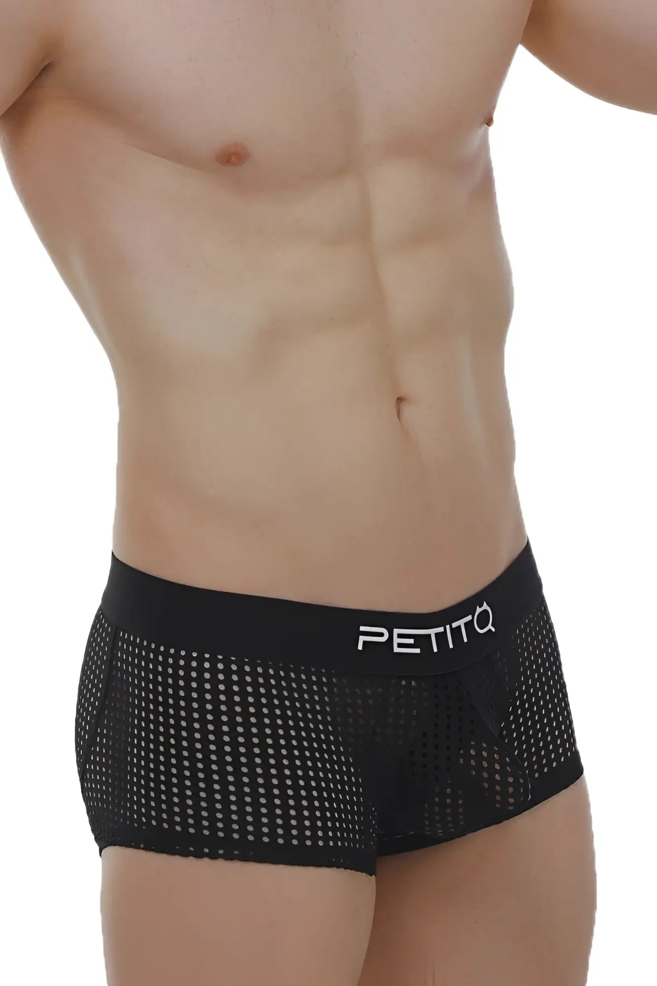 Black mesh boxer protruder durtol briefs with solid waistband and petitq logo in white lettering