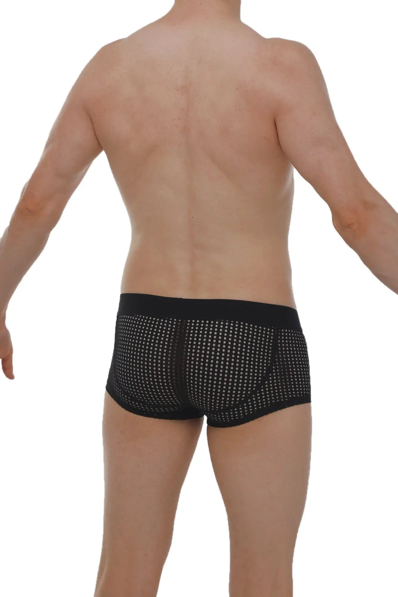 Boxer protruder durtol black mesh briefs with subtle white dot pattern and solid black waistband front view