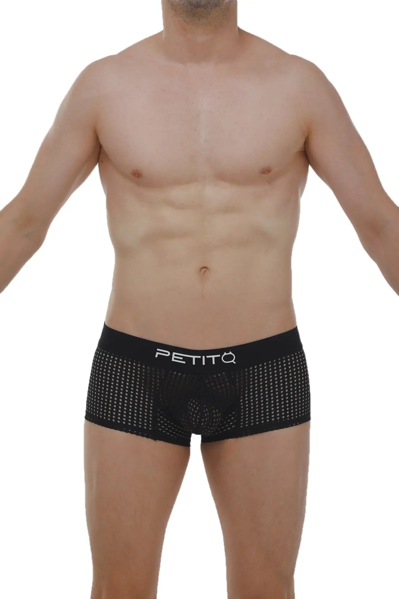 Black mesh boxer protruder durtol briefs with white petitq logo on waistband for breathable comfort