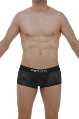 Black mesh boxer protruder durtol briefs with white petitq logo on waistband for breathable comfort